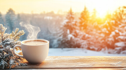 steaming cup of hot coffee sits on a wooden table, exuding warmth and comfort. The rising steam creates a cozy, inviting atmosphere, symbolizing relaxation, tranquility, and a peaceful moment of refle