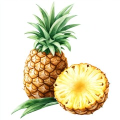 Wall Mural - Fresh pineapple juicy sliced half on white background