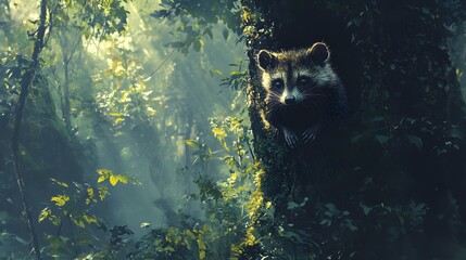 Sticker - Raccoon Peeking From Tree in Lush Forest.