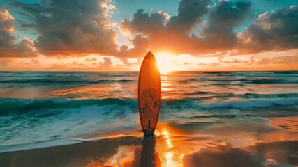 Wall Mural - Surfer's sunset moment at the beach with vibrant colors and ocean waves