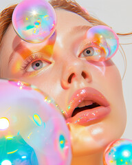 Wall Mural - Dreamy close-up of a woman's face surrounded by iridescent bubbles against a soft white background. Ethereal and vibrant beauty concept with a playful touch.