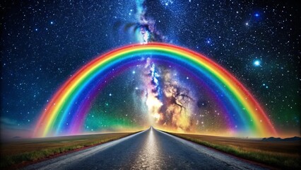 Retro rainbow path cutting through a starry night sky , retro, rainbow, path, starry, night sky, colorful, vintage