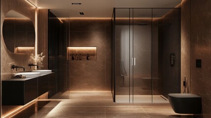 Wall Mural - Sleek modern brown bathroom with a stunning monochromatic design and minimalist traits