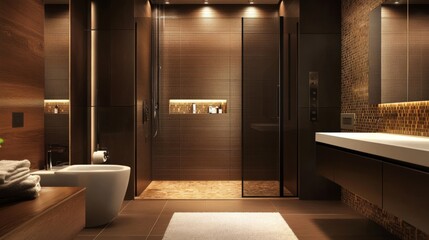 Wall Mural - Sleek modern brown bathroom with a stunning monochromatic design and minimalist traits