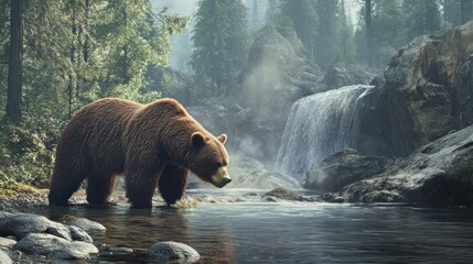 Wall Mural - Bear by Waterfall in Misty Forest