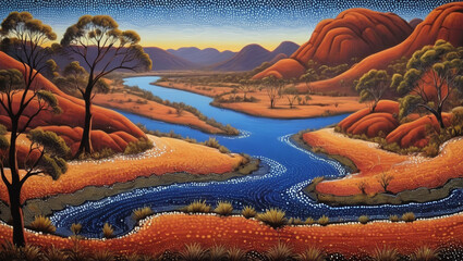 Australian Aboriginal dot painting style art landscape with river