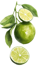 watercolor illustration of Fresh lime with vibrant green skin and two sliced halves on a branch, isolated on a white background.