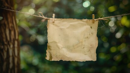 Poster - Vintage copy space outdoors with aged paper hanging on a string