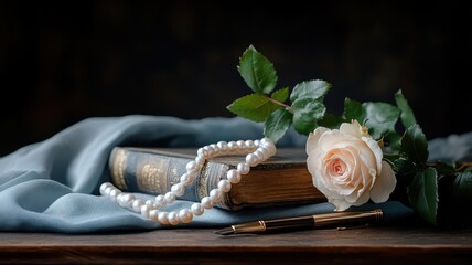 A still life composition featuring a pearl necklace draped over an antique book, with romantic elements.