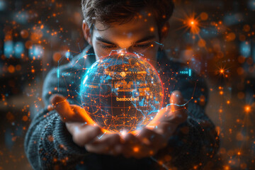 Wall Mural - A man is depicted holding a 3D rendering of a data earth globe, with abstract technology elements in background, creating a futuristic and dynamic visual representation of interconnected digital world