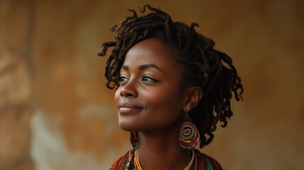 A woman with natural hair and colorful jewelry stands confidently against a textured wall in a warm, inviting light