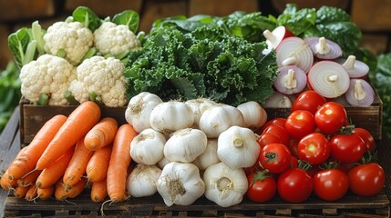 Freshly harvested vegetables including carrots, garlic, tomatoes, and cauliflower arranged in a wooden crate