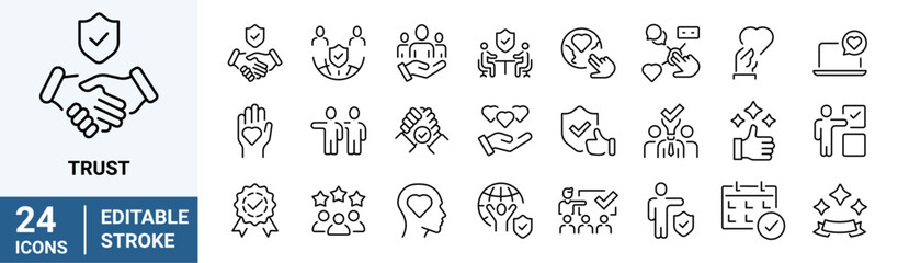 Trust web line icons. Integrity, confidence, reliability, credibility, empathy, friends collection. Vector illustration.