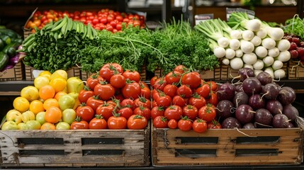 Fresh vegetables in a market display with ripe tomatoes, colorful peppers, and green leafy produce