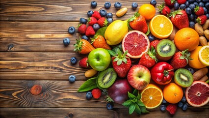 Wall Mural - Fresh assortment of colorful fruits on a wooden table, fresh, fruits, colorful, assortment, healthy, organic, natural, wood, table