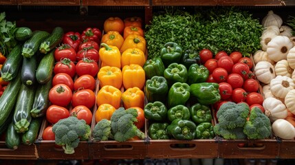 Fresh vegetables displayed in a farmer's market stall during a sunny afternoon