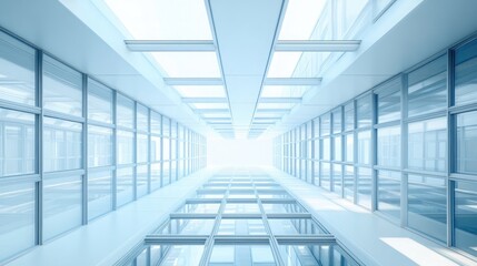 A low angle view of a modern building's interior with glass walls and a skylight.