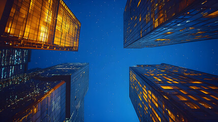 Wall Mural - A view of illuminated skyscrapers against a twilight sky.