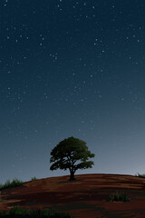 Night at minimalist hill landscape with silhouetted big tree have night sky with a lot of stars vertical background graphic illustration.