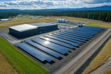 Wall Mural - A solar farm integrated with an aerospace facility, showcasing pioneering efforts in sustainability and innovative industry practices.