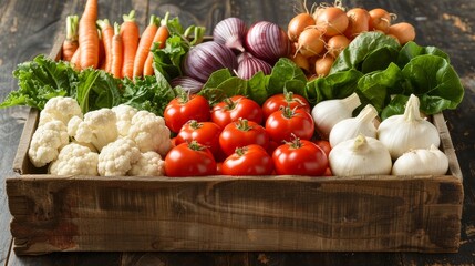 Fresh vegetables arranged in a wooden crate at a local market during daylight