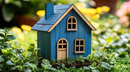 A charming blue miniature wooden house surrounded by greenery, perfect for garden decoration or real estate themes, The vibrant colors and natural setting evoke a sense of tranquility and homeliness,