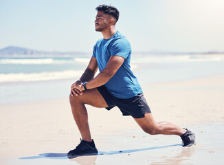 Canvas Print - Man, thinking and stretching legs on beach for warm up, daily workout routine or fitness for muscle development. Male person, thoughts and flexing for physical cardio, training or exercise for health