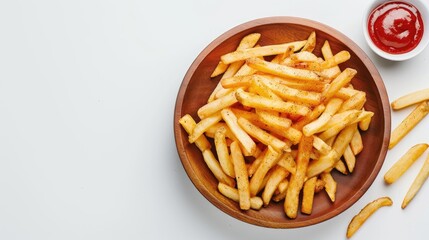 Wall Mural - Crispy French fries with spicy seasoning on wood plate and bowl on white background