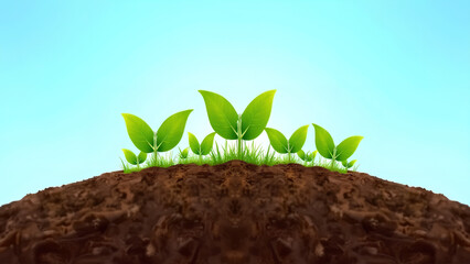 Wall Mural - Earth in soil with green plants under a blue sky