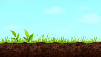 Wall Mural - Earth in soil with green plants under a blue sky