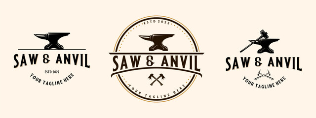 Set Blacksmith vintage logo. Ax hammer anvil icon, for blacksmithing, iron and metal work