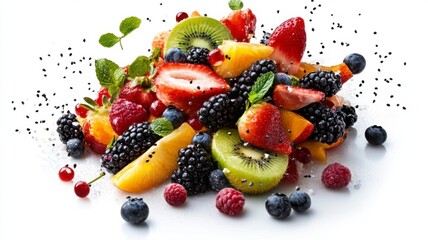 a vibrant fruit salad featuring strawberries, kiwis, blackberries, and mint, perfect for a healthy s