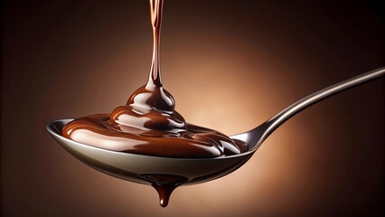 Close up of rich and decadent chocolate essence dripping down a spoon, indulgent, dark, sweet, dessert, gourmet, tasty, tempting