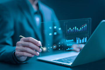 Poster - analyst manages the system database, analytics business, and reports. The concept of data analysis plans shows a dashboard chart on the computer. research on platform digital technology