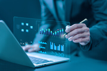 Poster - analyst manages the system database, analytics business, and reports. The concept of data analysis plans shows a dashboard chart on the computer. research on platform digital technology