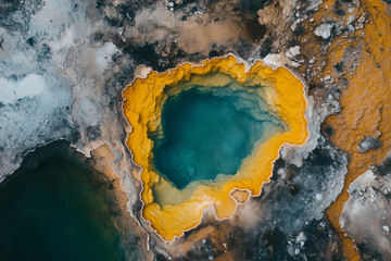 Aerial view of hot spring with smoke and steam, Drone shot blue stone geyser with mineral water, Landscape view of hot spring in national park.