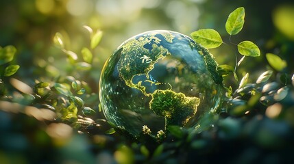 A 3D scene where Earth is depicted as a crystal-clear globe, with all continents covered in green vegetation, surrounded by a ring of floating leaves, representing purity and ecological balance