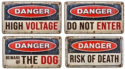 set of four vintage rusty danger signs.