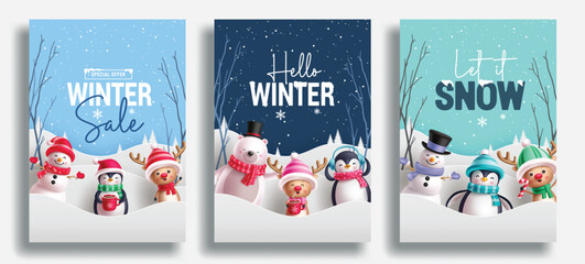 Wall Mural - Hello winter sale text vector poster set. Winter sale promotion offer with snowman, penguin and reindeer characters for flyers paper cut collection. Vector illustration snow seasonal gift tags.  
