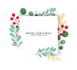 © AmazeinDesign - Merry christmas greeting card vector template design. Christmas and happy new year greeting text in white board space for typography with colorful leaves and spruce leaf decoration elements. Vector