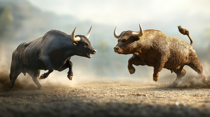 Two Bulls Charging Towards Each Other in a Dusty Arena