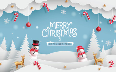 Wall Mural - Christmas paper cut vector banner design. Merry christmas and happy new year greeting text with snowman, deer, paper cut pine tree and clouds decoration elements. Vector illustration white greeting 