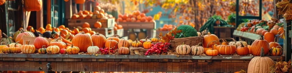 Canvas Print - Autumn Harvest Market Featuring Pumpkins for Halloween with Scenic Outdoor Displays of Jack O' Lanterns, Seasonal Vegetables, and Eco-Friendly Foods in a Farm Store.