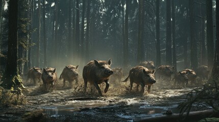 Wall Mural - Wild Boars Running Through a Forest