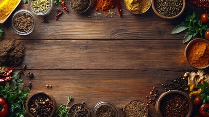 A wooden table with various spices scattered around creating an organic and earthy feel