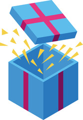 Sticker - Blue gift box is opening with yellow confetti exploding out of it on a white background