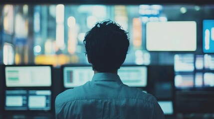 A Man Stands Before a Wall of Computer Screens