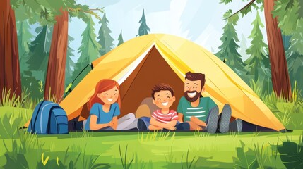 Cheerful family enjoys wonderful camping adventure in bright forest, filled with smiles and laughter