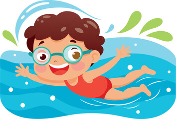 happy girl swimming freestyle in a pool wearing goggles-