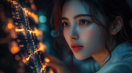 Wall Mural - Woman Gazing Through Glowing Lights